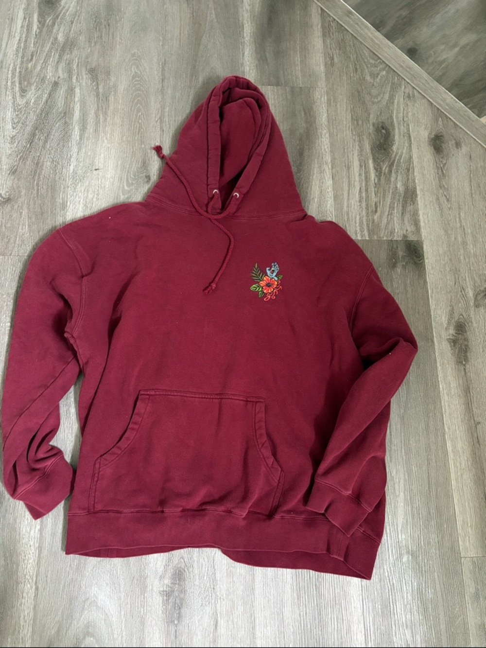 Women's Burgundy Crewneck Hoodie with Floral Embroidery